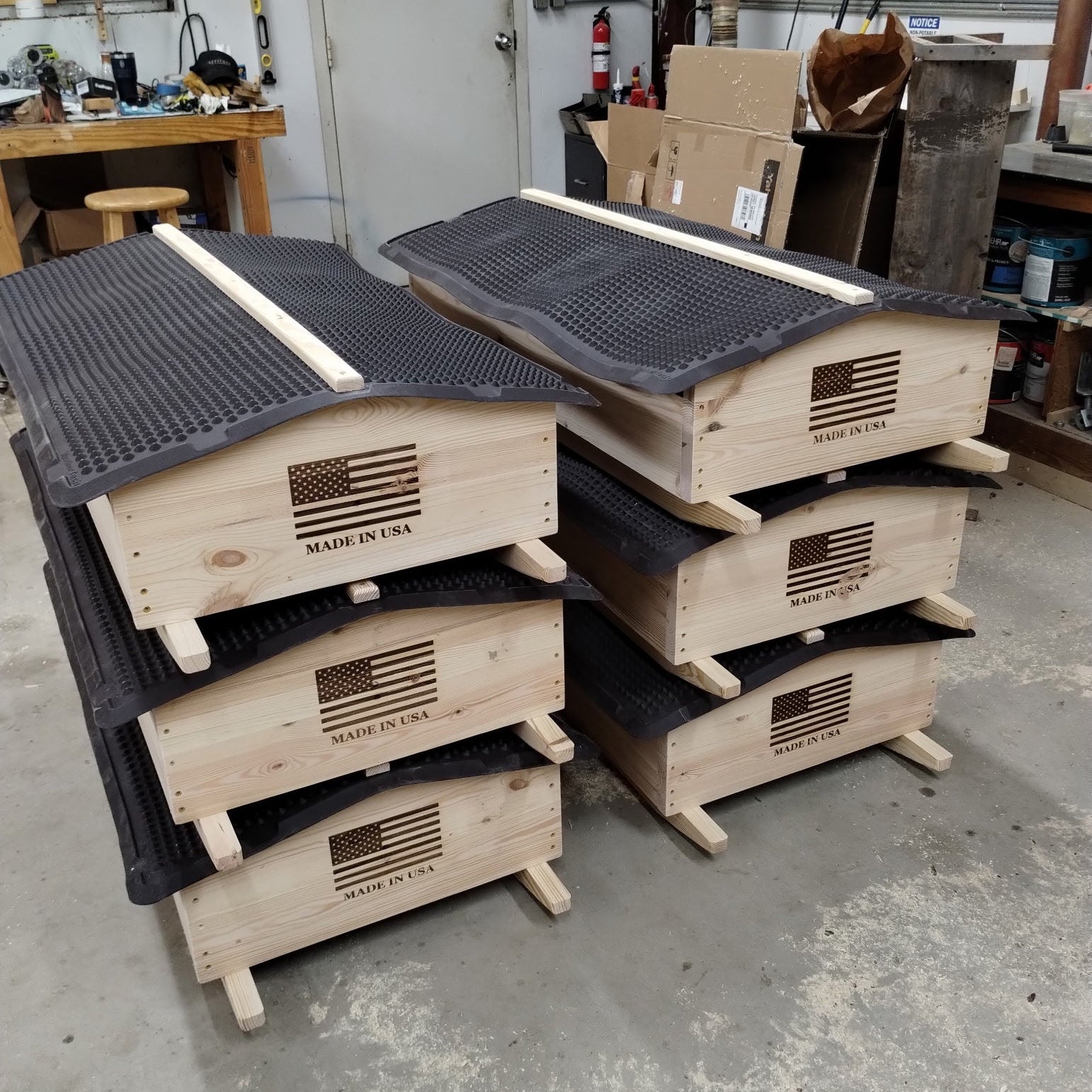2 stacks of 3 mineral carts with an American flag and Made in USA lasered into the wood